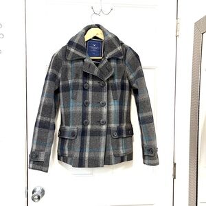 American Eagle Women’s Plaid‎ Wool Blend Pea Coat Jacket Gray Blue Hooded Sz S